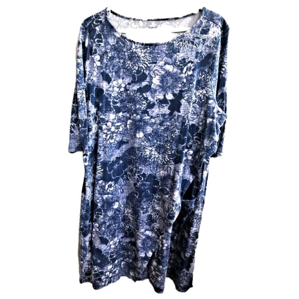 J.Jill Pure Jill XL Faux Wrap Look Dress Blue Floral Print 3/4 Sleeve Pockets
